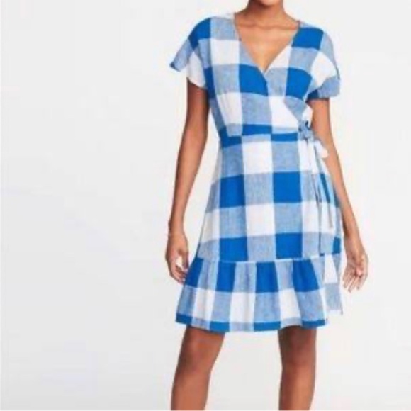 OLD NAVY Blue Plaid Ruffle Hem Wrap Dress - Picture 1 of 10
